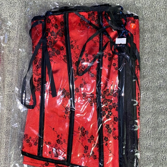 New! 3pc set Red Asian Corset and Mini skirt Size Size S, L, XXL Red Black - Picture 2 of 7
